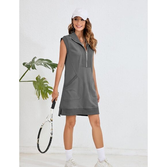 Womens Cotton Blend Half Zip Sweatshirt Dress Summer Casual Mini Tunic - Picture 4 of 6